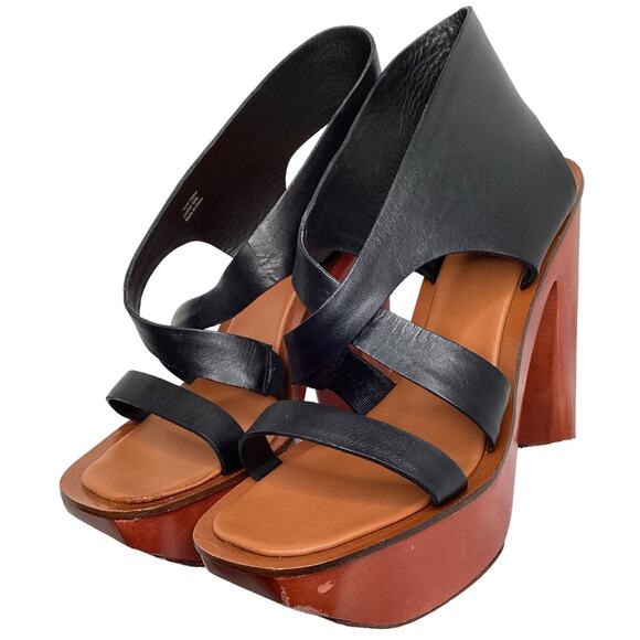 Charles Jourdan Paris Wood Platform Sandal Heel Size 8.5M Black Leather Open Toe - Picture 1 of 16